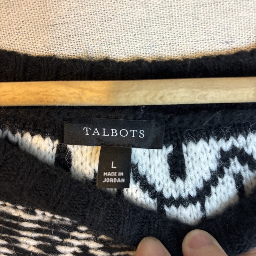 Talbots Womens Crewneck Sweater Large Fuzzy‎ Fair Isle Wool Blend Ivory Black - Picture 4 of 8